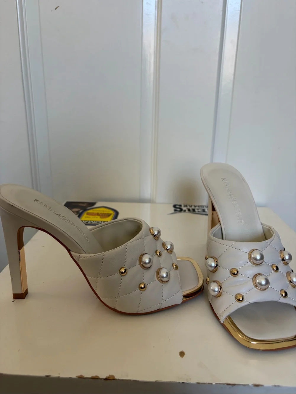 Karl Lagerfeld Ivory Pearl & Gold Stud High Heel Mules